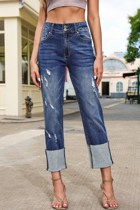 High Waist Distressed Straight Leg Contrast Cuff Jeans