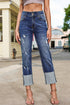 High Waist Distressed Straight Leg Contrast Cuff Jeans