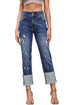 High Waist Distressed Straight Leg Contrast Cuff Jeans