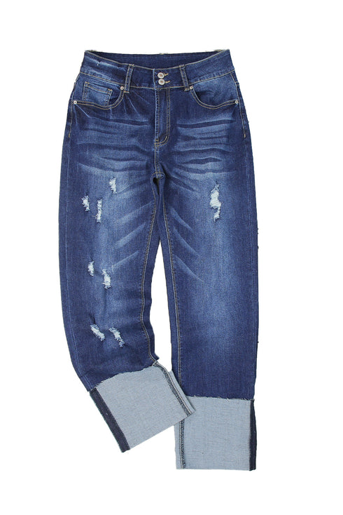 High Waist Distressed Straight Leg Contrast Cuff Jeans