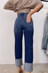 High Waist Distressed Straight Leg Contrast Cuff Jeans
