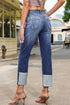 High Waist Distressed Straight Leg Contrast Cuff Jeans