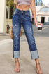 High Waist Distressed Straight Leg Contrast Cuff Jeans
