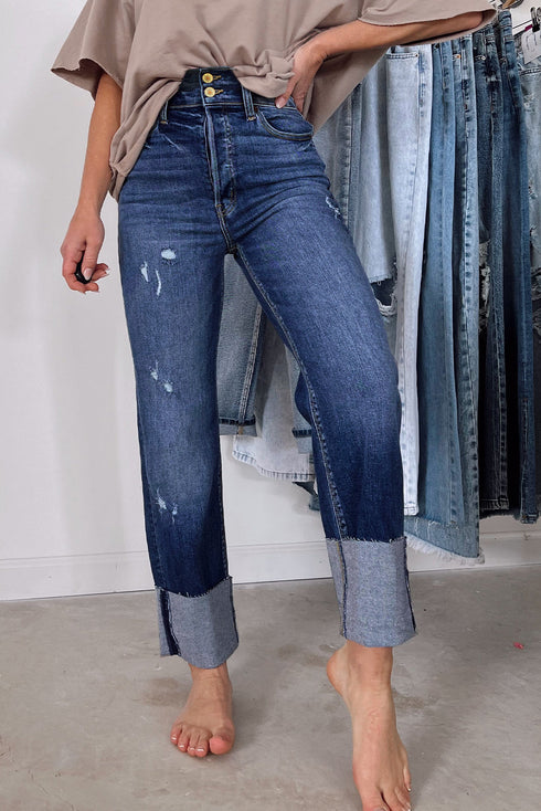 High Waist Distressed Straight Leg Contrast Cuff Jeans
