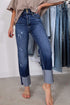 High Waist Distressed Straight Leg Contrast Cuff Jeans
