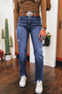 High Waist Distressed Straight Leg Deep Cuff Jeans