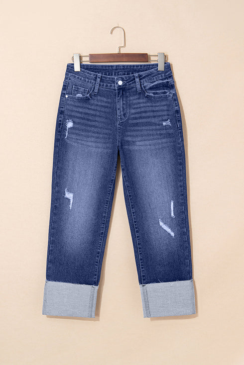 High Waist Distressed Straight Leg Deep Cuff Jeans