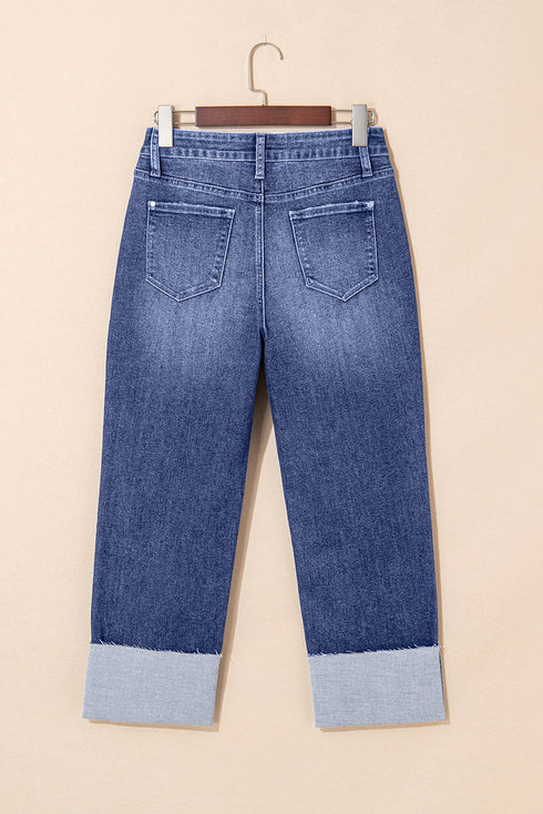 High Waist Distressed Straight Leg Deep Cuff Jeans