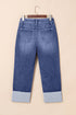 High Waist Distressed Straight Leg Deep Cuff Jeans
