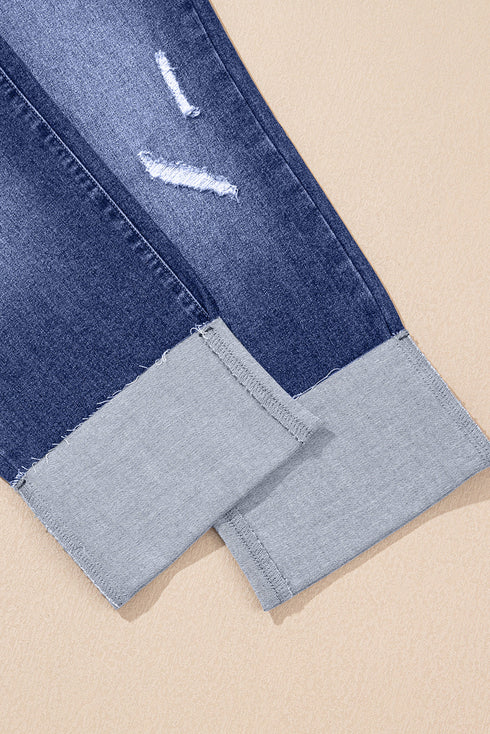 High Waist Distressed Straight Leg Deep Cuff Jeans