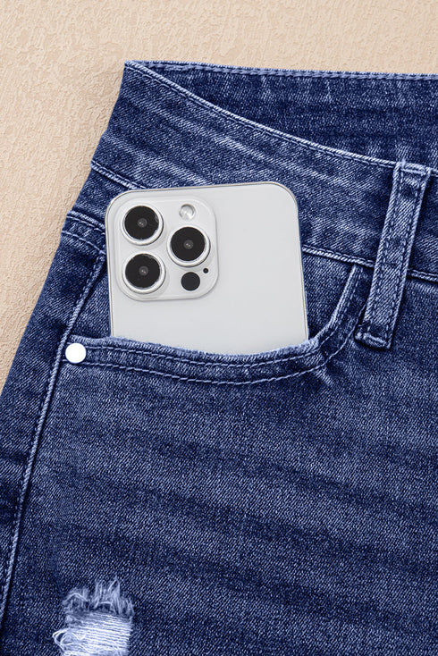 High Waist Distressed Straight Leg Deep Cuff Jeans