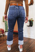 High Waist Distressed Straight Leg Deep Cuff Jeans