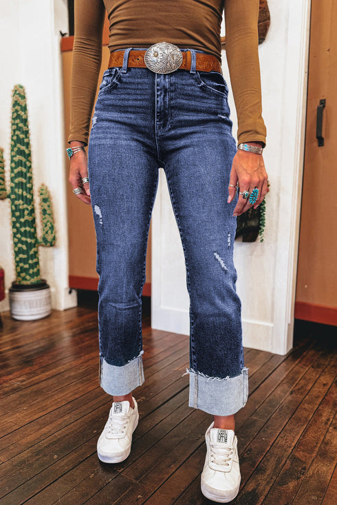 High Waist Distressed Straight Leg Deep Cuff Jeans