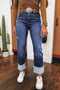 High Waist Distressed Straight Leg Deep Cuff Jeans