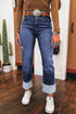 High Waist Distressed Straight Leg Deep Cuff Jeans