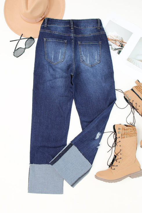 High Waist Distressed Straight Leg Denim Jeans