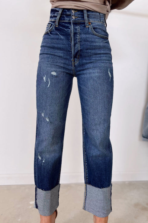 High Waist Distressed Straight Leg Denim Jeans