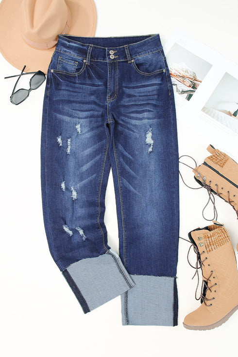 High Waist Distressed Straight Leg Denim Jeans