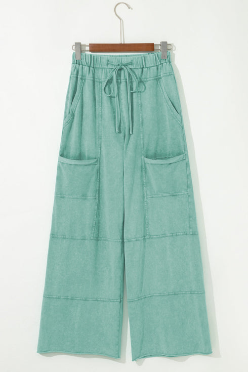 High Waist Mineral Wash Exposed Seam Drawstring Wide Leg Pants