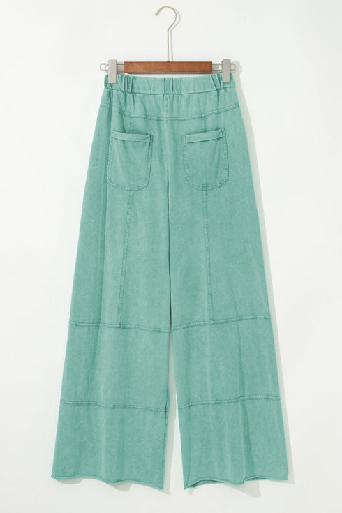 High Waist Mineral Wash Exposed Seam Drawstring Wide Leg Pants