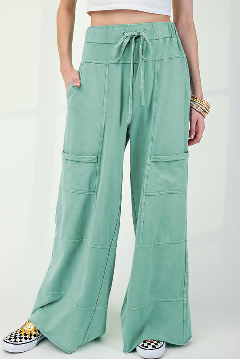High Waist Mineral Wash Exposed Seam Drawstring Wide Leg Pants
