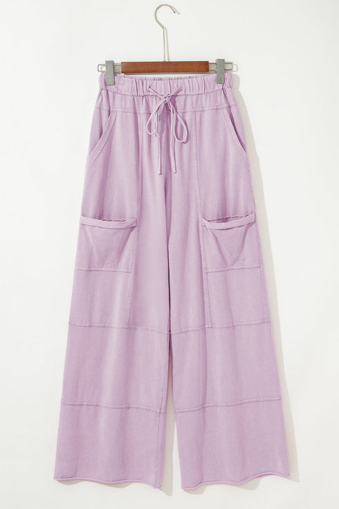 High Waist Mineral Wash Exposed Seam Drawstring Wide Leg Pants