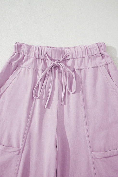 High Waist Mineral Wash Exposed Seam Drawstring Wide Leg Pants