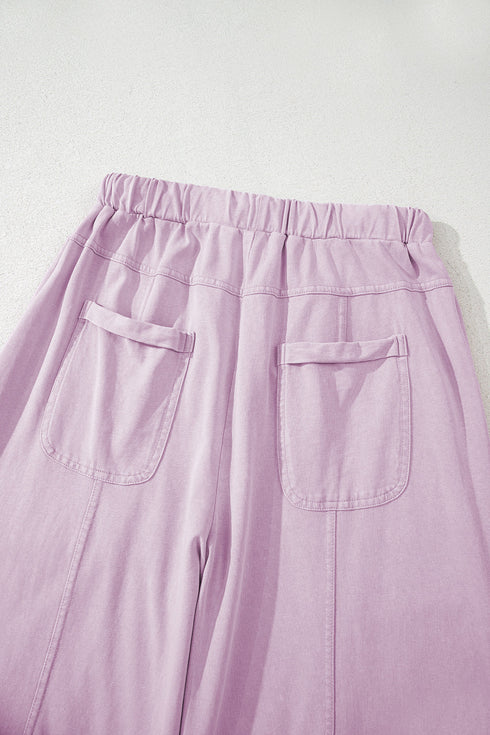 High Waist Mineral Wash Exposed Seam Drawstring Wide Leg Pants