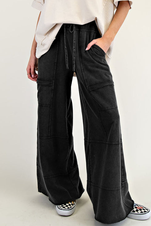 High Waist Mineral Wash Exposed Seam Drawstring Wide Leg Pants