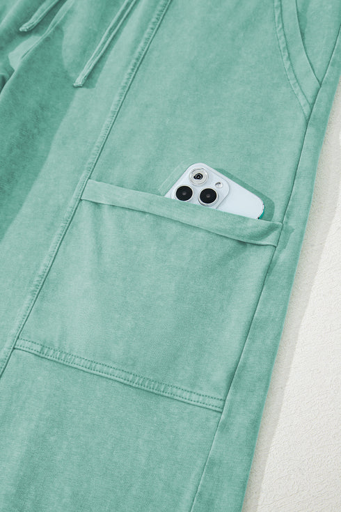 High Waist Mineral Wash Exposed Seam Drawstring Wide Leg Pants