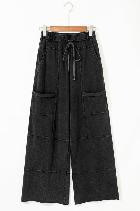 High Waist Mineral Wash Exposed Seam Drawstring Wide Leg Pants