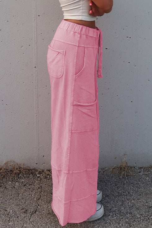 High Waist Mineral Wash Exposed Seam Drawstring Wide Leg Pants