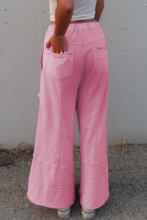 High Waist Mineral Wash Exposed Seam Drawstring Wide Leg Pants