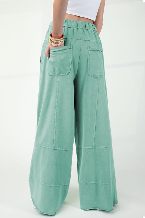 High Waist Mineral Wash Exposed Seam Drawstring Wide Leg Pants