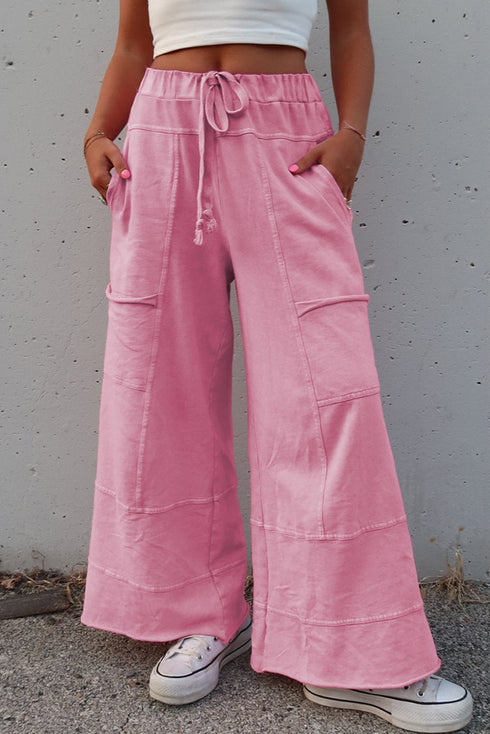 High Waist Mineral Wash Exposed Seam Drawstring Wide Leg Pants