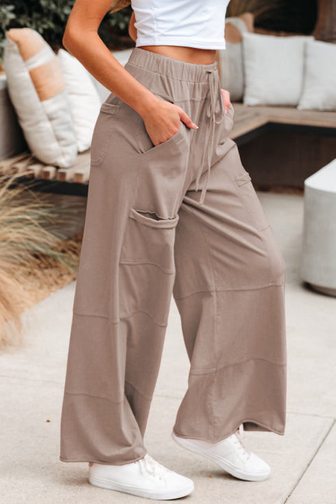High Waist Mineral Wash Exposed Seam Drawstring Wide Leg Pants