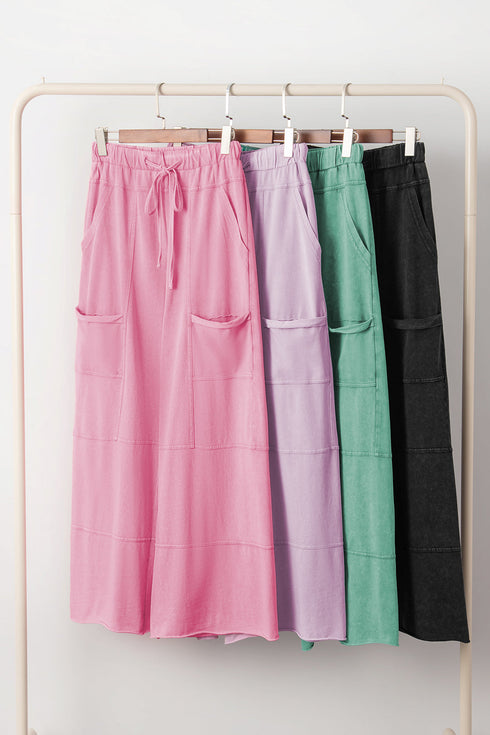 High Waist Mineral Wash Exposed Seam Drawstring Wide Leg Pants