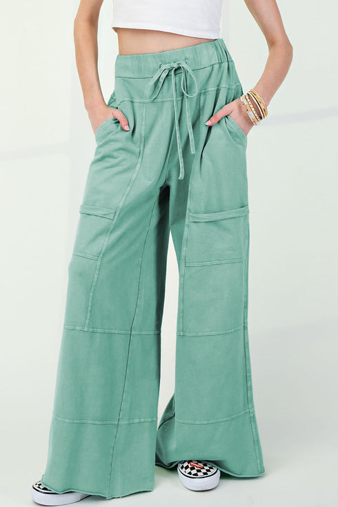 High Waist Mineral Wash Exposed Seam Drawstring Wide Leg Pants