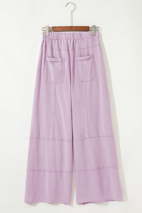 High Waist Mineral Wash Exposed Seam Drawstring Wide Leg Pants