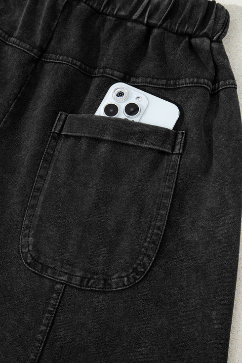 High Waist Mineral Wash Exposed Seam Drawstring Wide Leg Pants