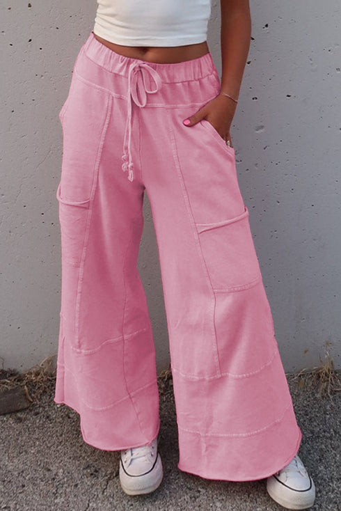 High Waist Mineral Wash Exposed Seam Drawstring Wide Leg Pants