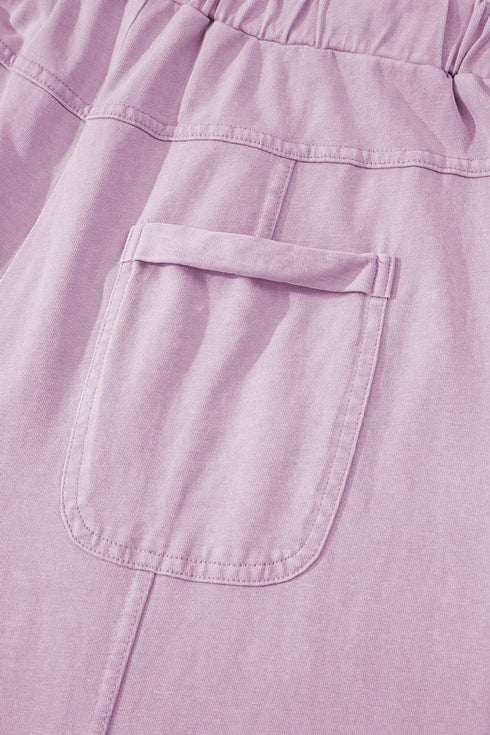 High Waist Mineral Wash Exposed Seam Drawstring Wide Leg Pants