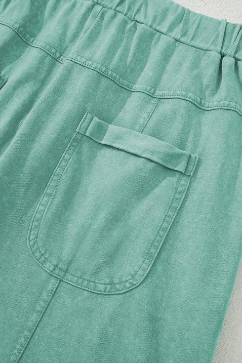 High Waist Mineral Wash Exposed Seam Drawstring Wide Leg Pants
