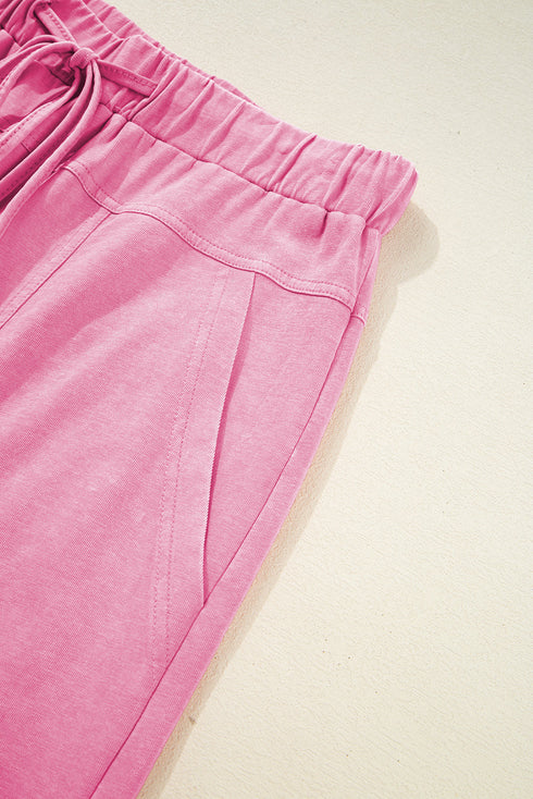 High Waist Mineral Wash Exposed Seam Drawstring Wide Leg Pants