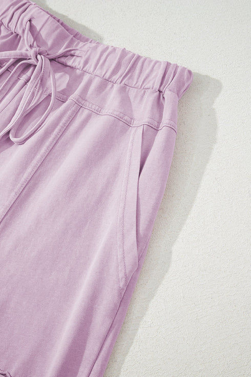 High Waist Mineral Wash Exposed Seam Drawstring Wide Leg Pants