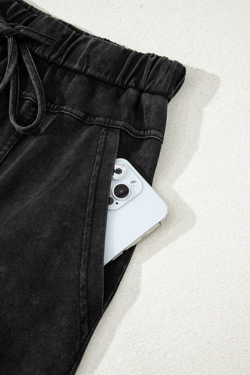 High Waist Mineral Wash Exposed Seam Drawstring Wide Leg Pants