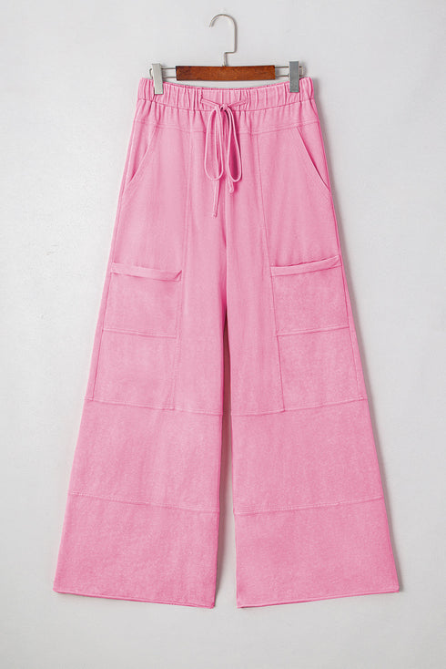 High Waist Mineral Wash Exposed Seam Drawstring Wide Leg Pants