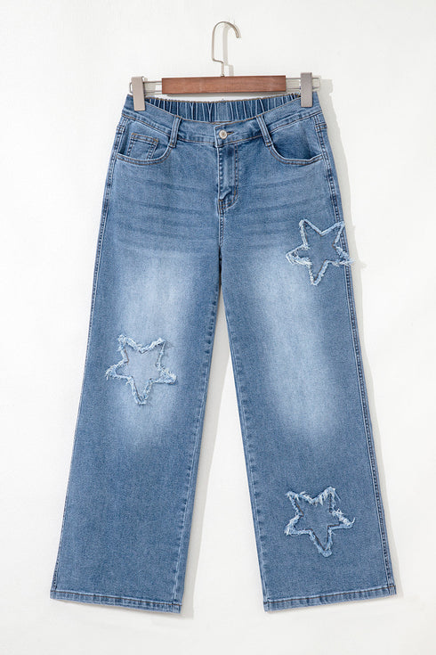 High Waist Star Applique Cropped Wide Leg Jeans