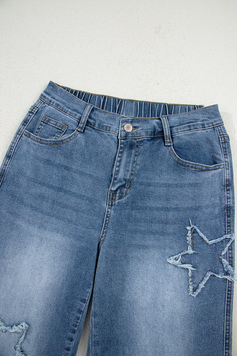 High Waist Star Applique Cropped Wide Leg Jeans