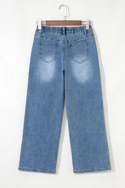 High Waist Star Applique Cropped Wide Leg Jeans